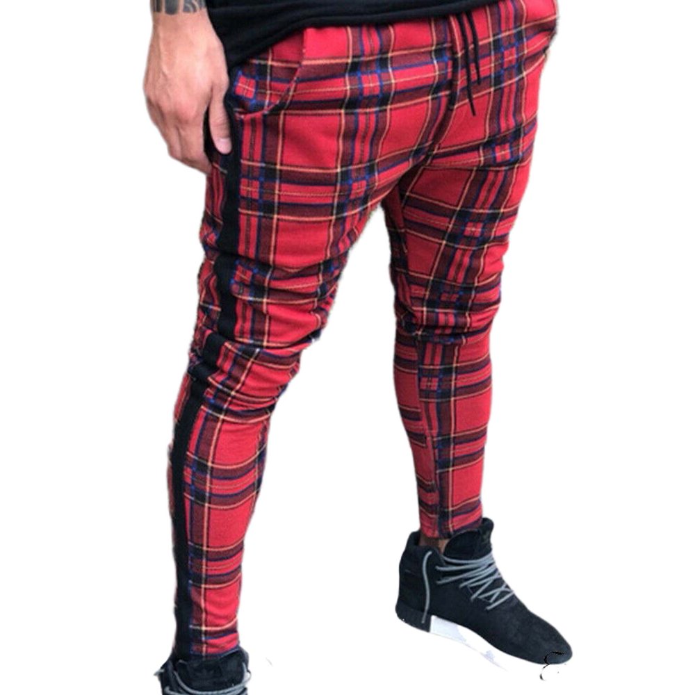 red plaid stretch pants