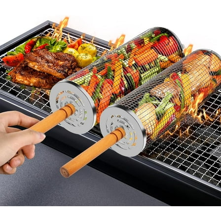 2PCS Stainless Steel Grill Baskets - Removable Wooden Handles, 11.8"x3.9", Perfect for BBQ Vegetables & Shrimp - Great BBQ Gift for Men