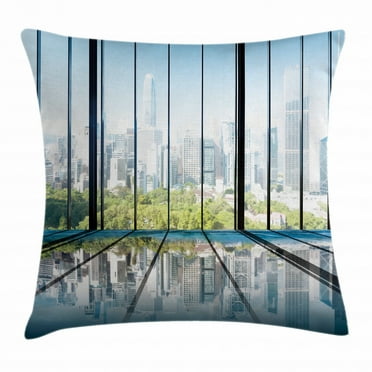 Landscape Throw Pillow Cushion Cover, Sunny Clear Sky Office Skyscrapers in Urban Metropolitan City Scenery, Decorative Square Accent Pillow Case, 16 X 16 Inches, White Black and Green, by Ambesonne