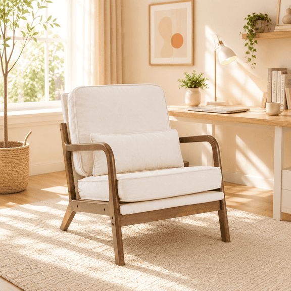 Mid Century Modern Accent Chair, Reading Chair with Arms and Lumbar Cushion, Comfortable Lounge Chair for Living Room Bedroom, Solid Rubberwood Frame