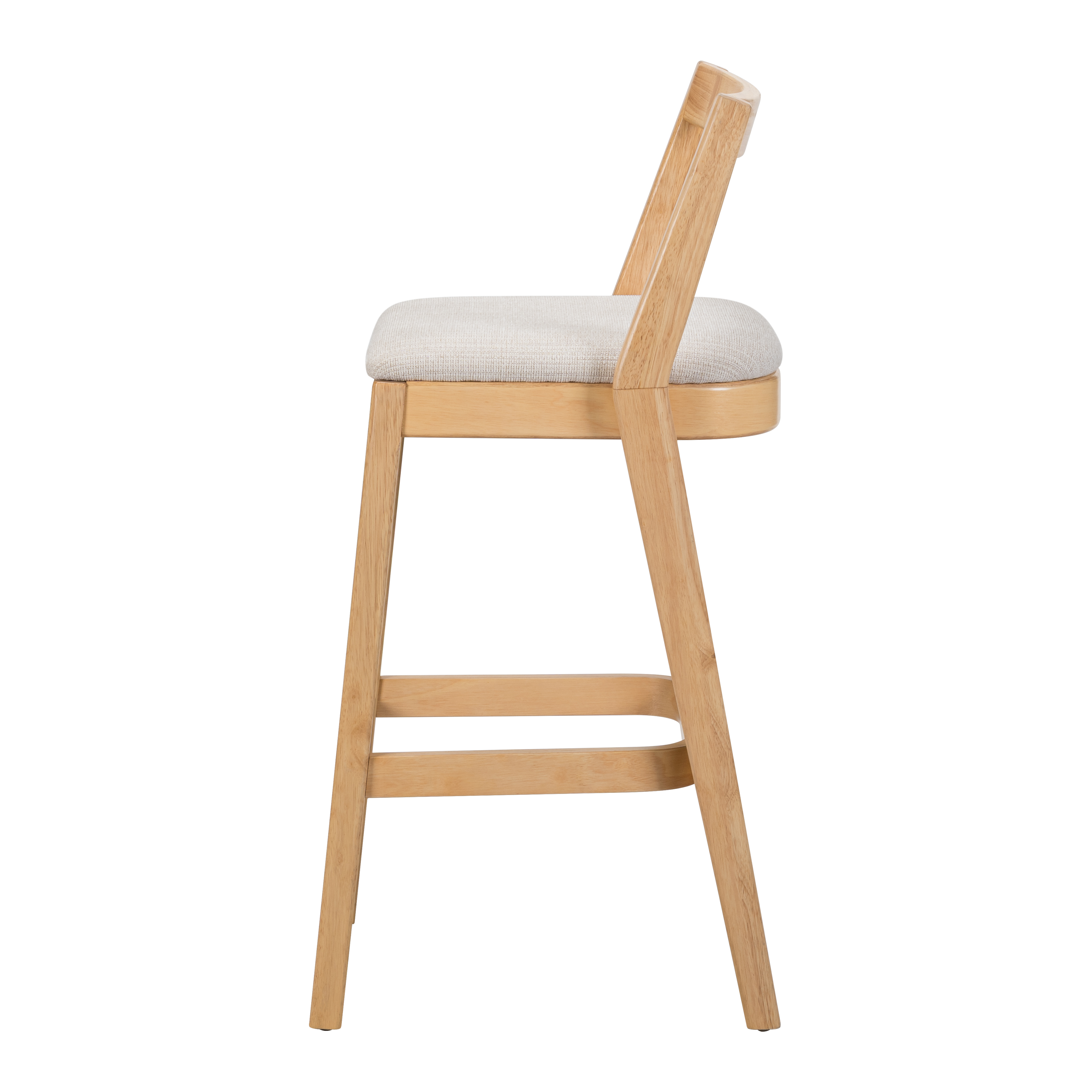 Counter Height Bar Stools, Rubberwood Stools with Beige Polyester Fabric Seat and Natural Wood Finish, Rustic Dining Stools for Kitchen, Pub, Dining Room, Set of 2