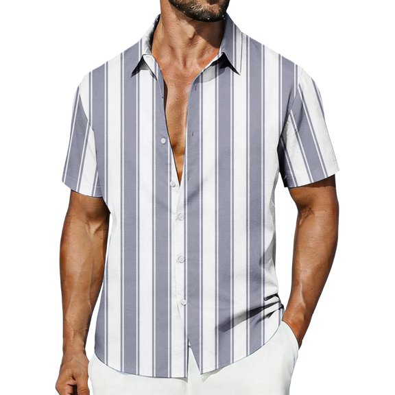 Kukoosong Men's Hawaiian Striped Print Short Sleeve Collared Shirt, Four-Way Stretch Breathable Loose Fit Button-Down Beachwear Top for Summer Vacation Casual Daily Wear Shirts