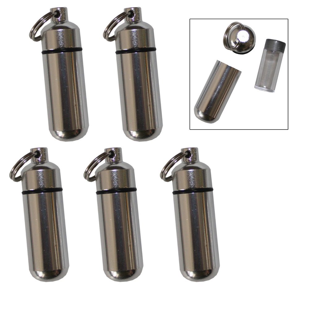 5 Pack Aluminum Pill Case Keychain ID Holder Silver with Inner