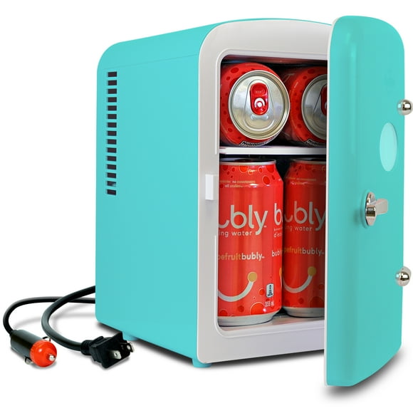 Koolatron 4L Retro Portable Mini Fridge 12V DC 110V 6 Can Cooler Aqua