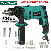 Hammer Drill- FastCraft Impact Drill Driver PRO 9A PEAK POWER 1/2-inch Chuck 0-2800RPM Dual Switch Drilling Driving, 360 Degree Rotating, 43mm Drill Collar 104pc Bit Set