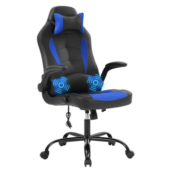 YRLLENSDAN Ergonomic Racing Gaming Chair with Lumbar Support, Adjustable Leather Office Chair with Massager, Comfy Computer Chair with Flip up Arms for Adults, Blue
