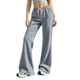 thumbnail image 2 of Stralyhd Wide Legs Pants Woman Casual Loose Fleece Flowy Pants Plaid Drawstring Trousers with Pockets Light Blue M, 2 of 5