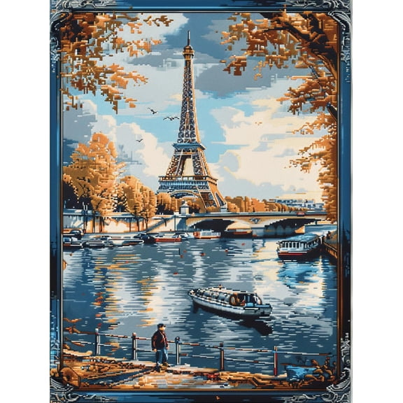 Eiffel Tower in Paris DIY 11CT Stamped Cross Stitch Kits for Beginners Easy Needlepoint Embroidery Counted Cross Stitch Art Craft for Wall Decoration 12x16inch(1)