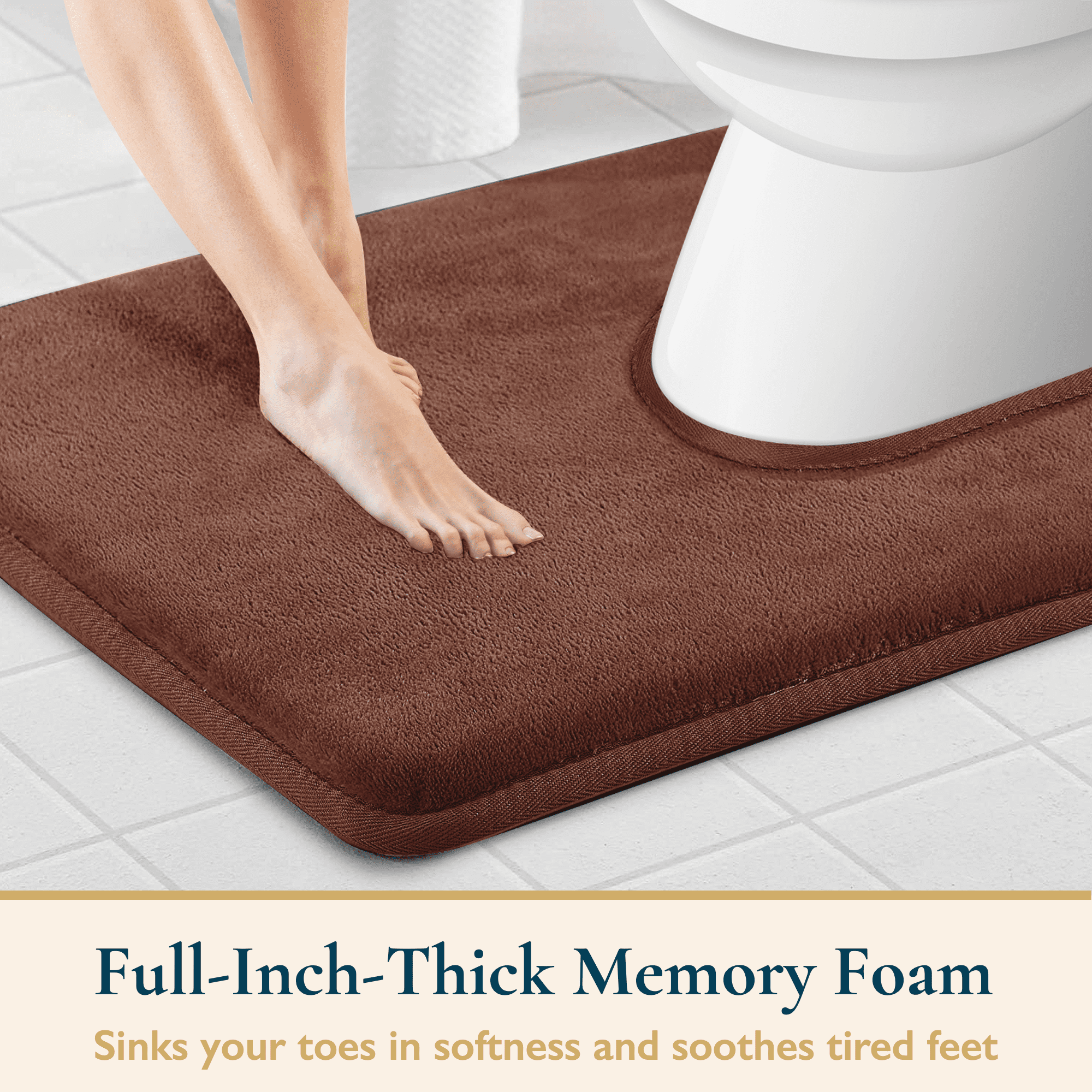 ComfiTime Bathroom Contour Rugs – 1 inch Thick Memory Foam, 20" x 23" Bath Mat for Toliet, Soft Plush Velvet Top, Non-Slip,Ultra Absorbent, Small, Large & Long Rugs for Bathroom Floor, Brown