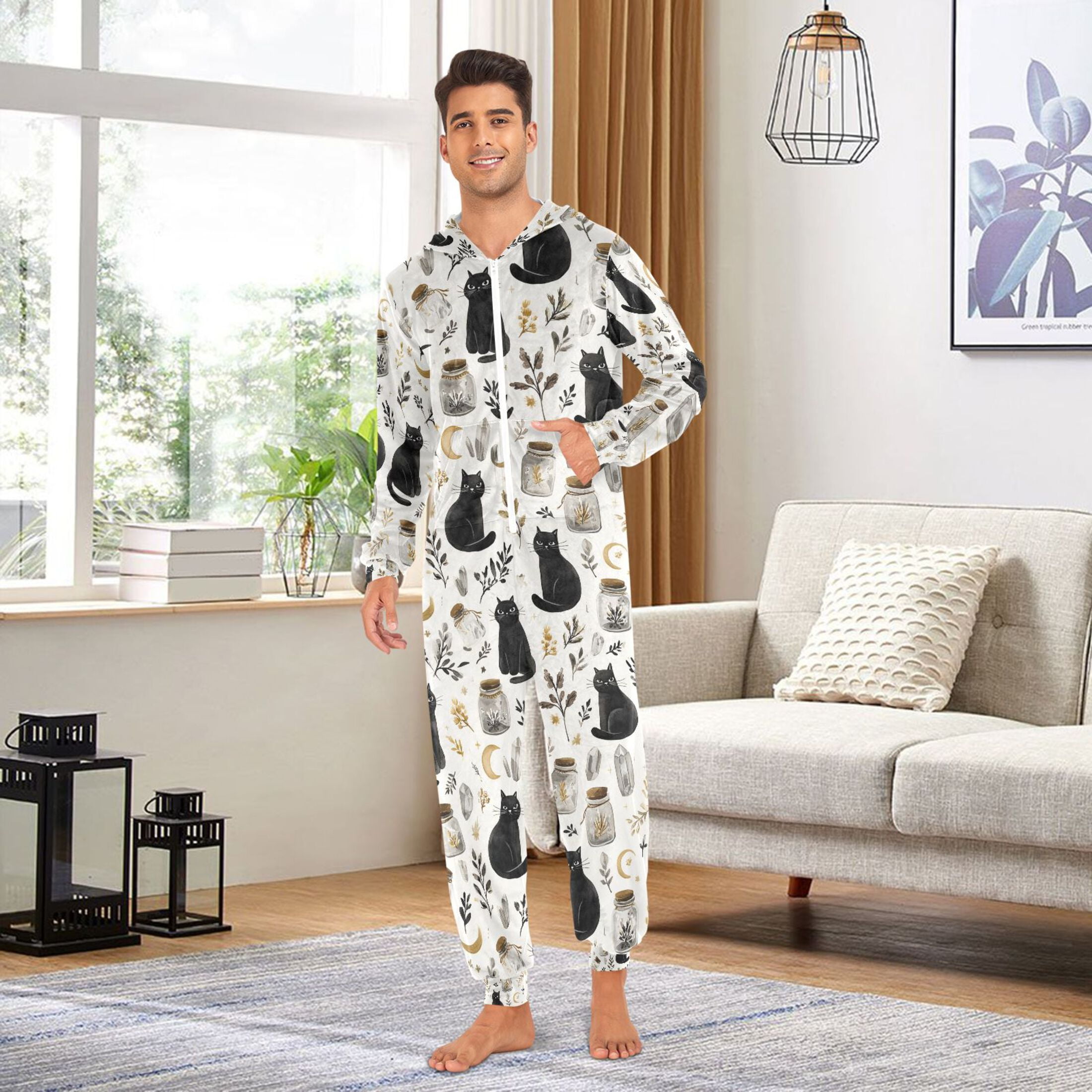 Adult Christmas Onesie Black Cat and Plants Adult Zipper One-Piece Pajamas Unisex Pajamas with Pockets