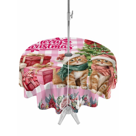 Outdoor Tablecloth with Umbrella Hole and Zipper, Christmas Cats Round Table Cloth 60 Inch Waterproof Tablecloth, XmasTree Winter Gifts Floral Pink Plaid Picnic Table Cover for Patio Camping