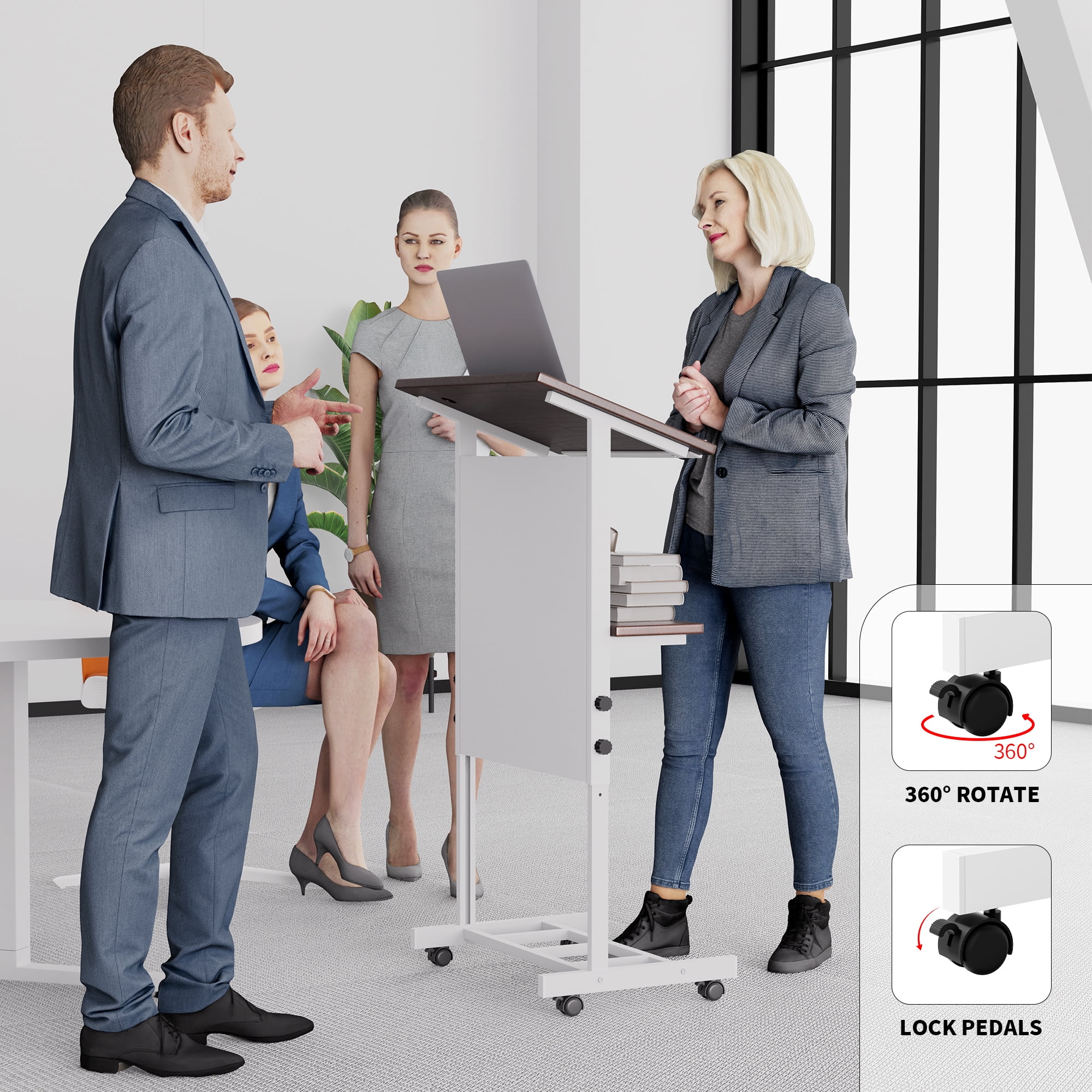 Portable Podium Stand with Wheels, Height Adjustable Lecture Podium With Shelf Cup Holder & Wire Hole, Mobile Pulpit For Churches, Meetings, Speeches, Classrooms, White