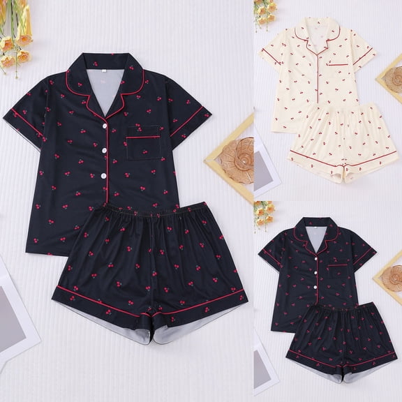 jiaxiM Cotton Pajamas for Women Set Cherry Print Notched Collar Shirt Set 2 Piece Button Up Lounge Sets Short Sleeve Sleepwear