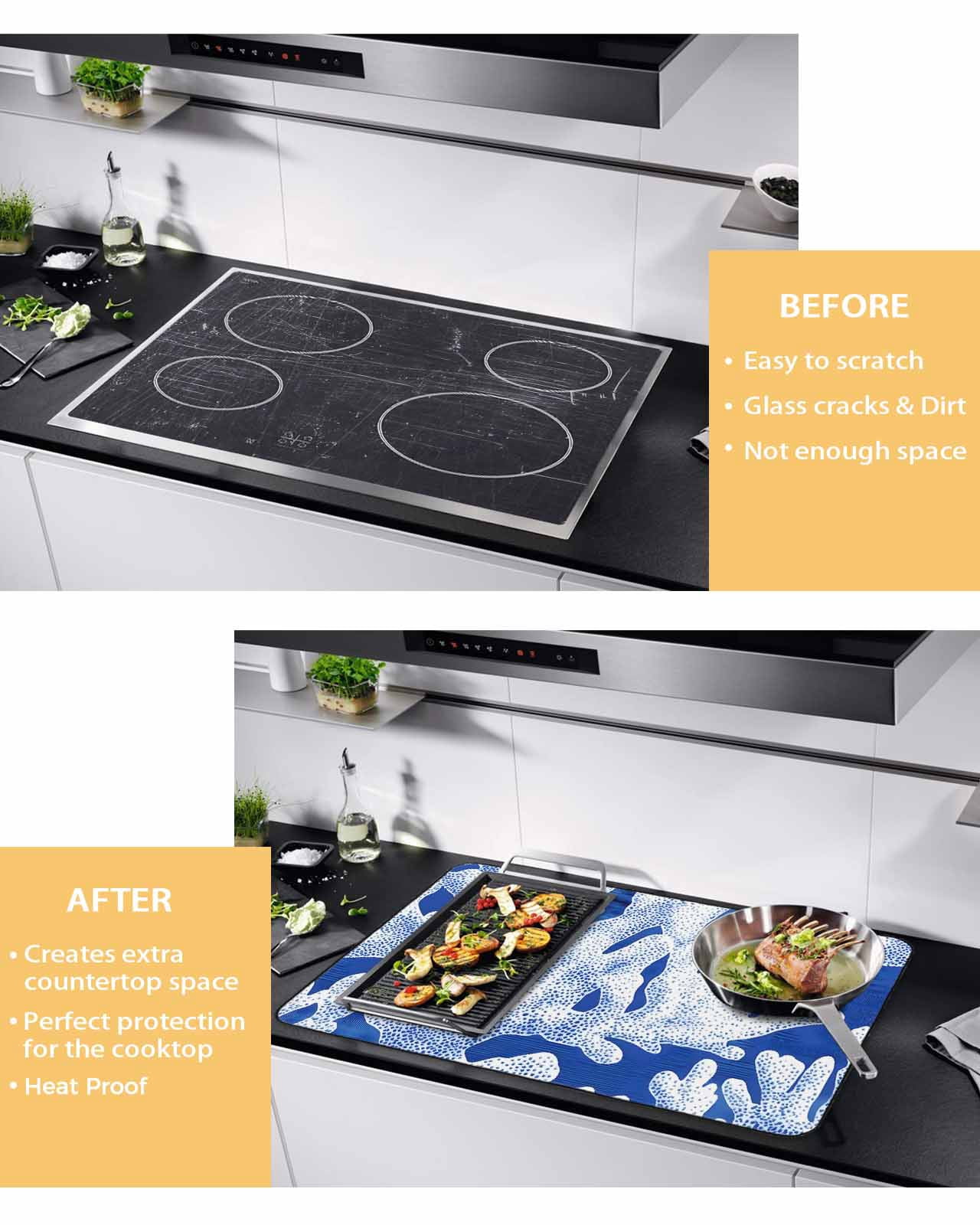 nqOlkjepod Large Induction Cooktop Protector Mat 36"x21", Summer Blue Coral Stove Top Covers for Electric Stove, Coastal Abstract Ocean Sea Plant Stove Burner Cover Mats, Glass Top Stove Cover