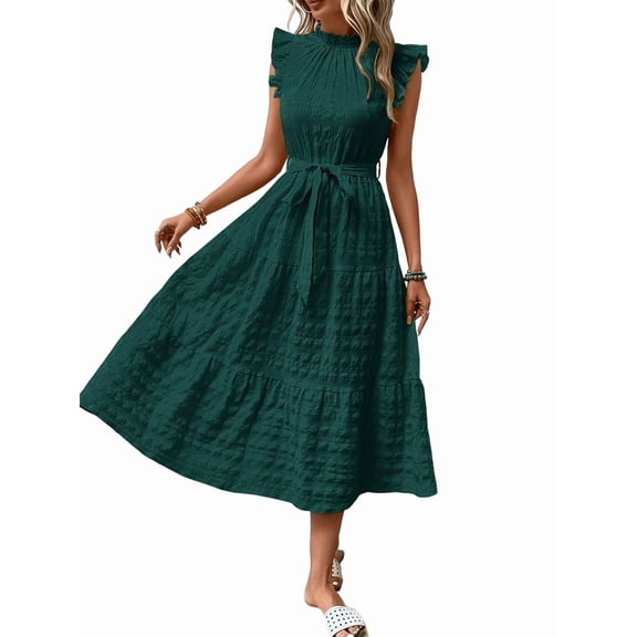 Women'S Ruffle Sleeve Stand Collar Maxi Dress A-Line Hem Ruffled Summer Casual Belted Dress Dark Green S