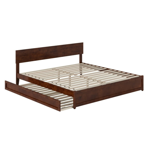 Wesley King Wood Platform Bed with Panel Footboard and Twin XL Trundle in Walnut