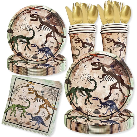 O’Force Party Supplies Plates, Cups and Napkins Party Fossil Dinosaur Disposable Paper Plate Tableware Kit Value Dinnerware Table Decoration Set Serves 10 Guests,70PCS