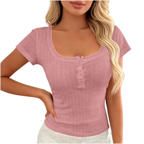 Uootdi Casual Tops for Women Square Neck Button Front Short Sleeve Tees Soft Breathable Fitted Everyday Fashion Blouses Gift