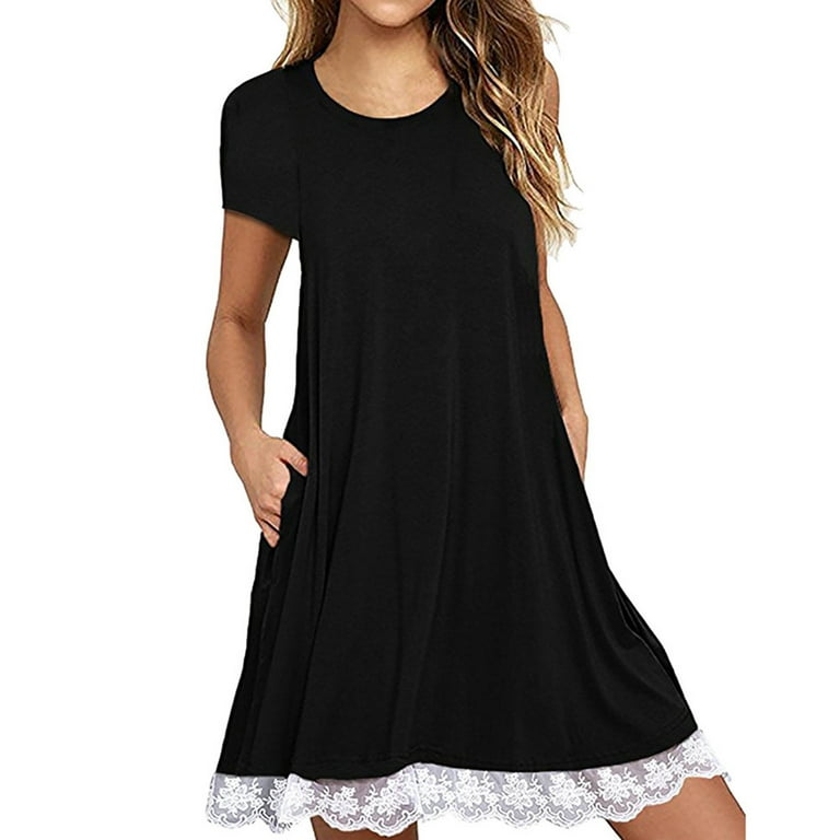 cfhntfmh Summer Dresses for Women Lounge Short Sleeve T-Shirt Dress Lace  Trim Plus Size Comfy Vacation Dresses with Pockets - Walmart.com