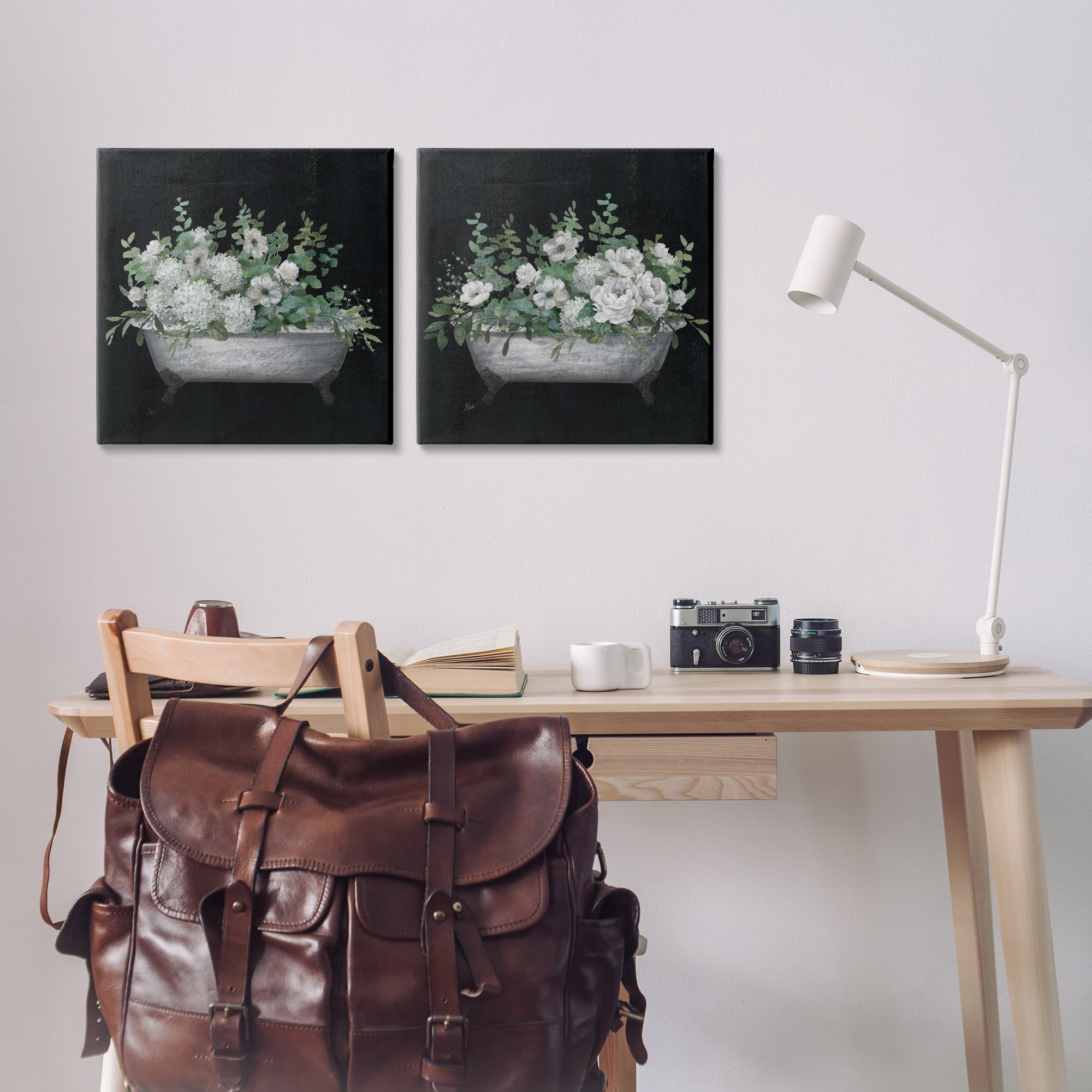 Stupell Industries Filled White Floral Soaking Tub Bath & Laundry Painting Wrapped Canvas Art Print Wall Art, 17 x 17, Set of 2
