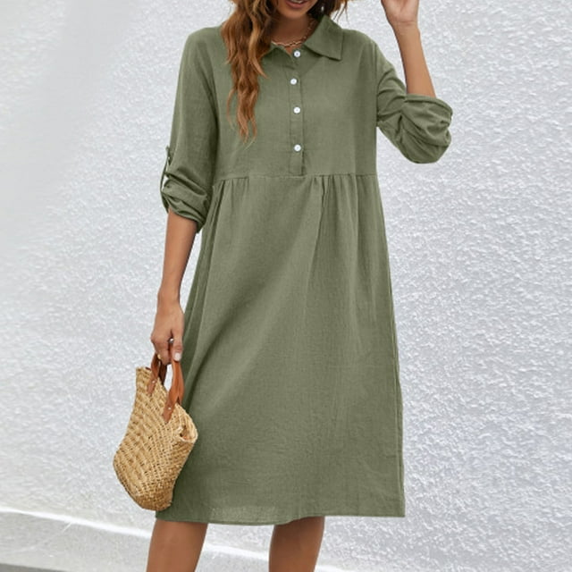 Meichang Robes T-Shirts pour Femmes Amples Décontractées en Coton et Lin Chemises Robes Unies Col à Revers Manches 3/4 Retroussées Robes Polo Fluides Robes Midi de Travail Vert Armée TTG