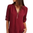 thumbnail image 3 of DYMADE Womens Solid Long Sleeve Zipper Tops Casual Chiffon Shirt Blouses, 3 of 4
