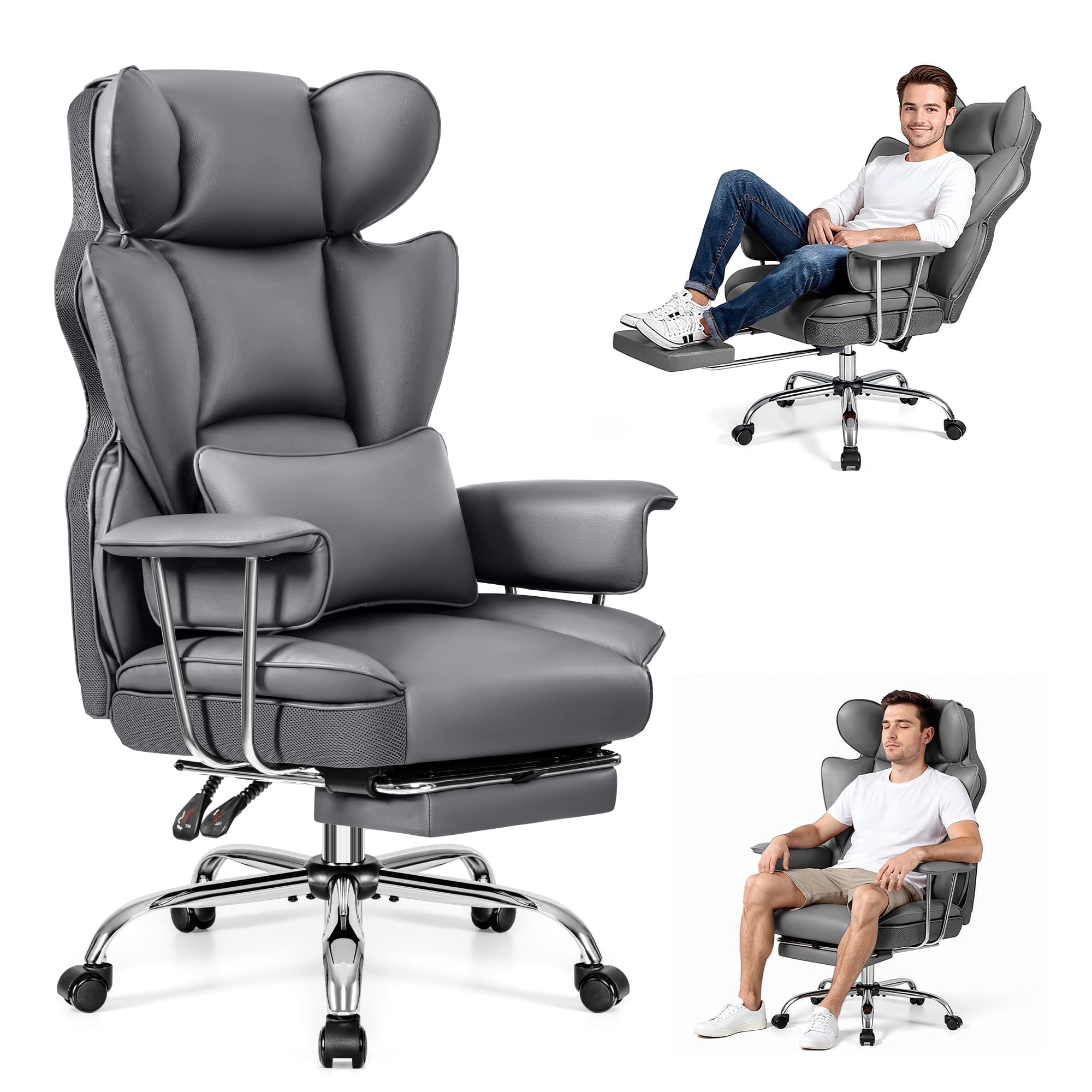 Primy High Back Office Chair, Big and Tall PU Leather Executive Chair with Footrest – Ergonomic Reclining Computer Desk Chair, High-Density Foam, Heavy Duty Swivel Rolling Chair, Gray