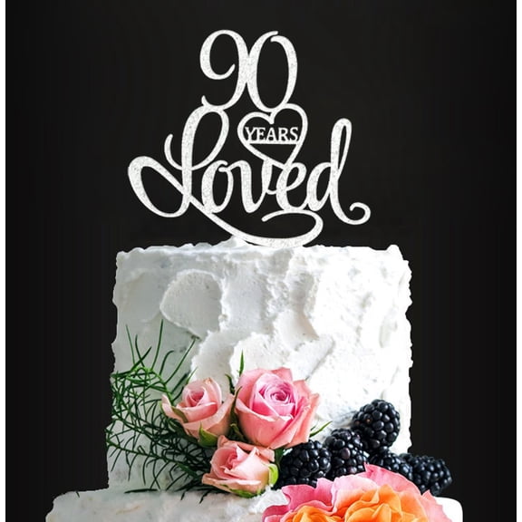 Acrylic 90 Years Loved Birthday Cake Topper, 90th Birthday Party Decorations, 90th Wedding Anniversary Year Cake Topper (Silver Loved)