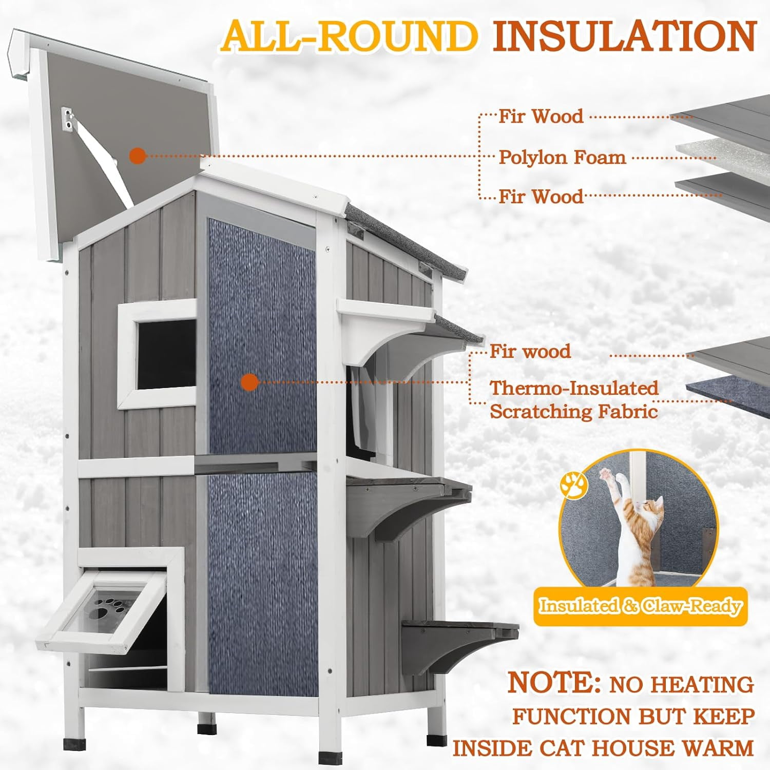 PETSCOSSET Insulated Outdoor Cat House Two Story - Weatherproof Elevated - Gray