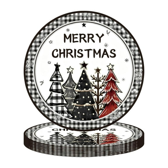 PuSpu Christmas Parties Disposable Tableware Black White Checkered Christmas Tree Theme 7-inchs 9-inchs Paper Plates Paper Cups Tissue Set Of Party-Themed Paper Plates Set