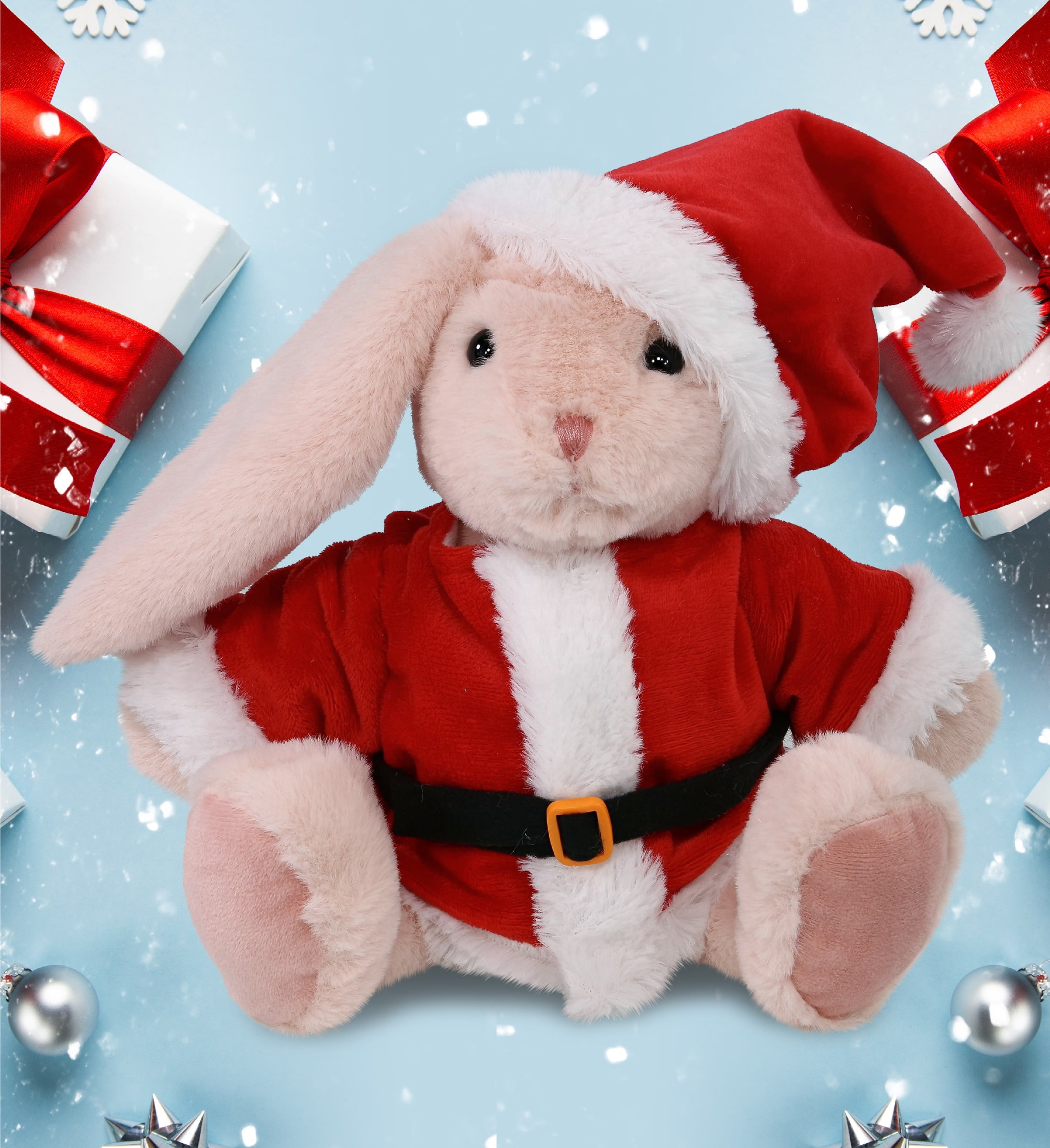 DolliBu Santa Baby Pink Rabbit Stuffed Animal Plush Toy - Super Soft Dress Up with Red Santa Claus Outfit, Cute Farm Life Rabbit Gift Perfect Holiday Christmas Gift - 8 Inches