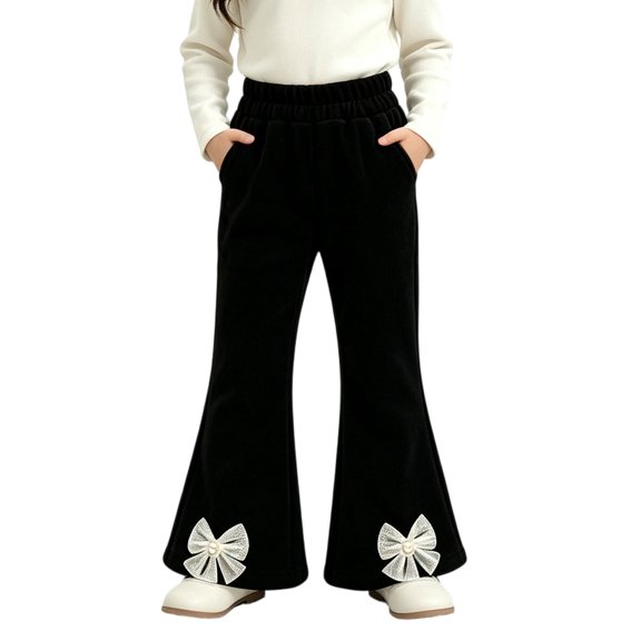 Ohufall Girls' Flare Sweatpants with Bow Decor and Side Pockets Sweatpant Elastic Waist Solid Color Casual Trousers 1-10Y