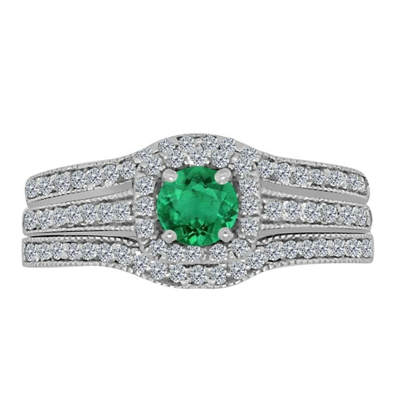 Mauli Jewels 1.55 Carat Natural Round Shape Emerald And Diamond Trio Ring Set In 10K White Gold