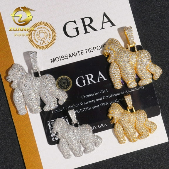 A gorilla pendant, featuring a 925 silver D-color VVS moissanite stone inlaid with sterling silver, is a trendy hip-hop necklace accessory that outperforms a diamond tester.
