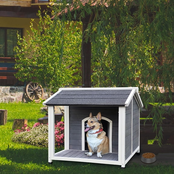 Outdoor Wooden Dog House, Waterproof Dog Kennel with Porch, Windproof Insulated Dog Cage for Medium Dogs, Elevated Floor Pet Shelter, Gray