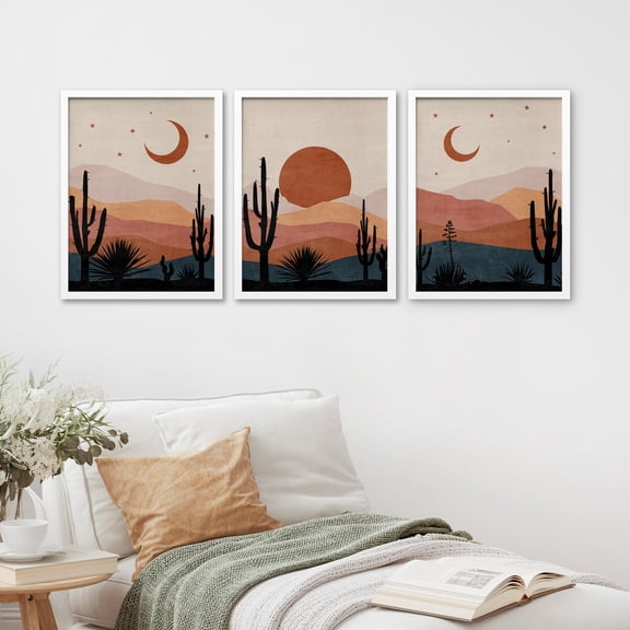 PixonSign Framed Canvas Print Wall Art Set - Desert Dusk Panorama Cactus Silhouette Posters - Set of 3 Watercolor Farmhouse Decor Boho Modern Wall Dcor for Living Room - 8"x10" White