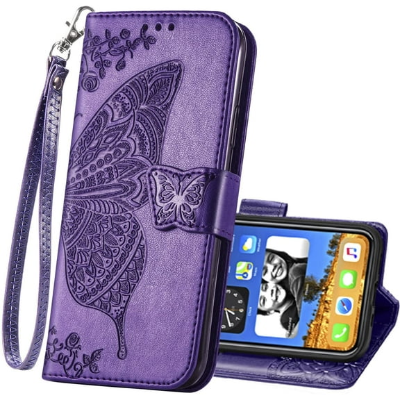 Wallet Case for iPhone 13 Pro Max,PU Leather Flip Protective Phone Case Wrist Strap Card Slots Holder Pocket Emboss Butterfly Flower Stand Case for iPhone 13 Pro Max Blue