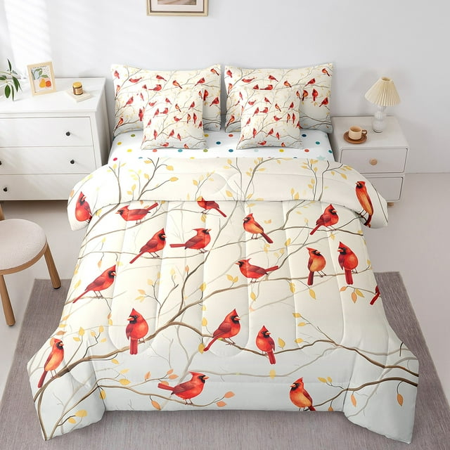 Erosebridal Cardinal Bird Bedding Sets Full Size, Tree Branches Comforter Sets with Sheets, 7-Piece