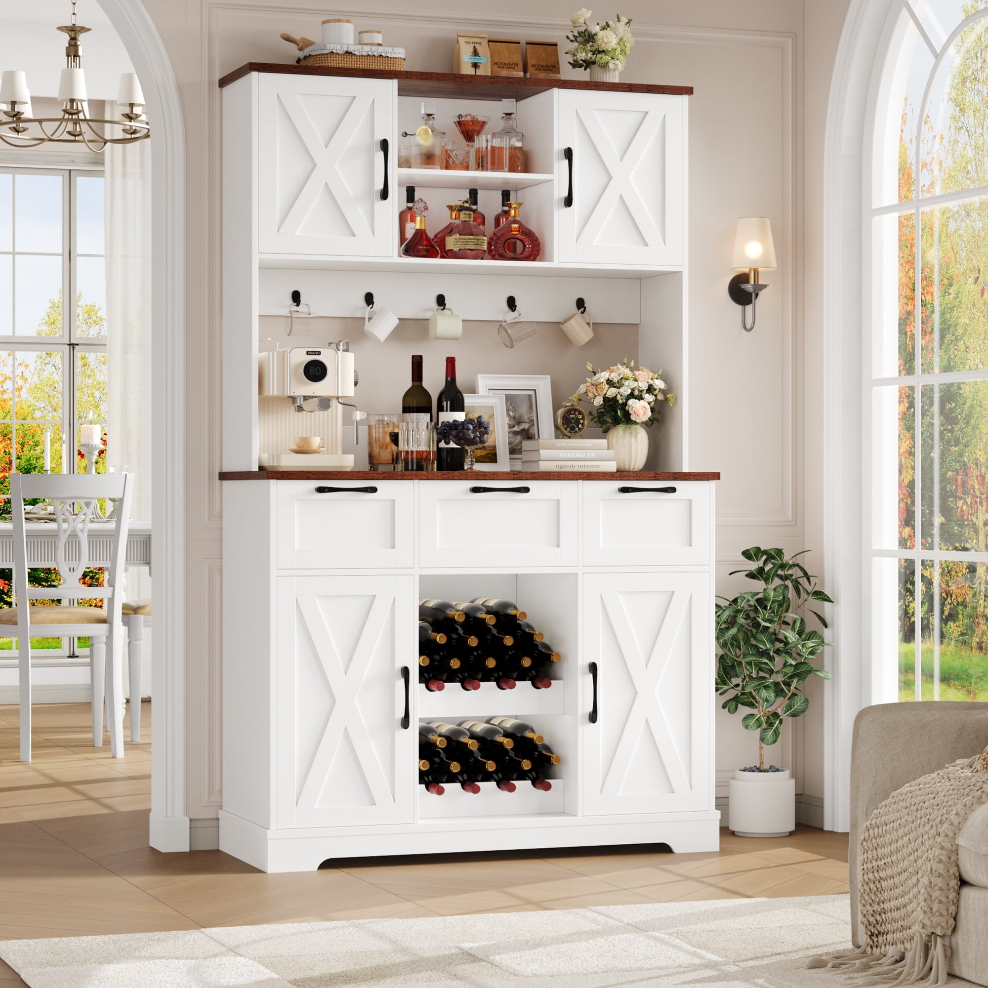 Homfa 71'' Tall Wine Bar Cabinet with Storage Hutch & 3 Drawers, Farmhouse Coffee Bar Cabinet Wine Rack with Adjustable Shelves for Kitchen Dining Room, White