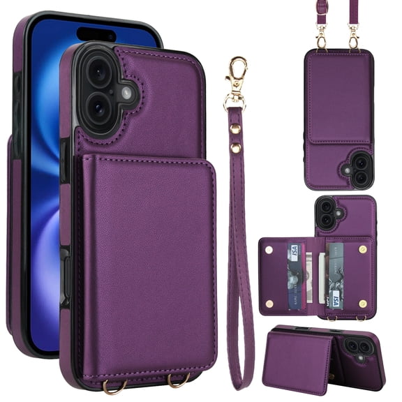 ELEHOLD Crossbody Case for iPhone 17, RFID Leather Flip Wallet Case with Card Holder and Kickstand,Deeppurple