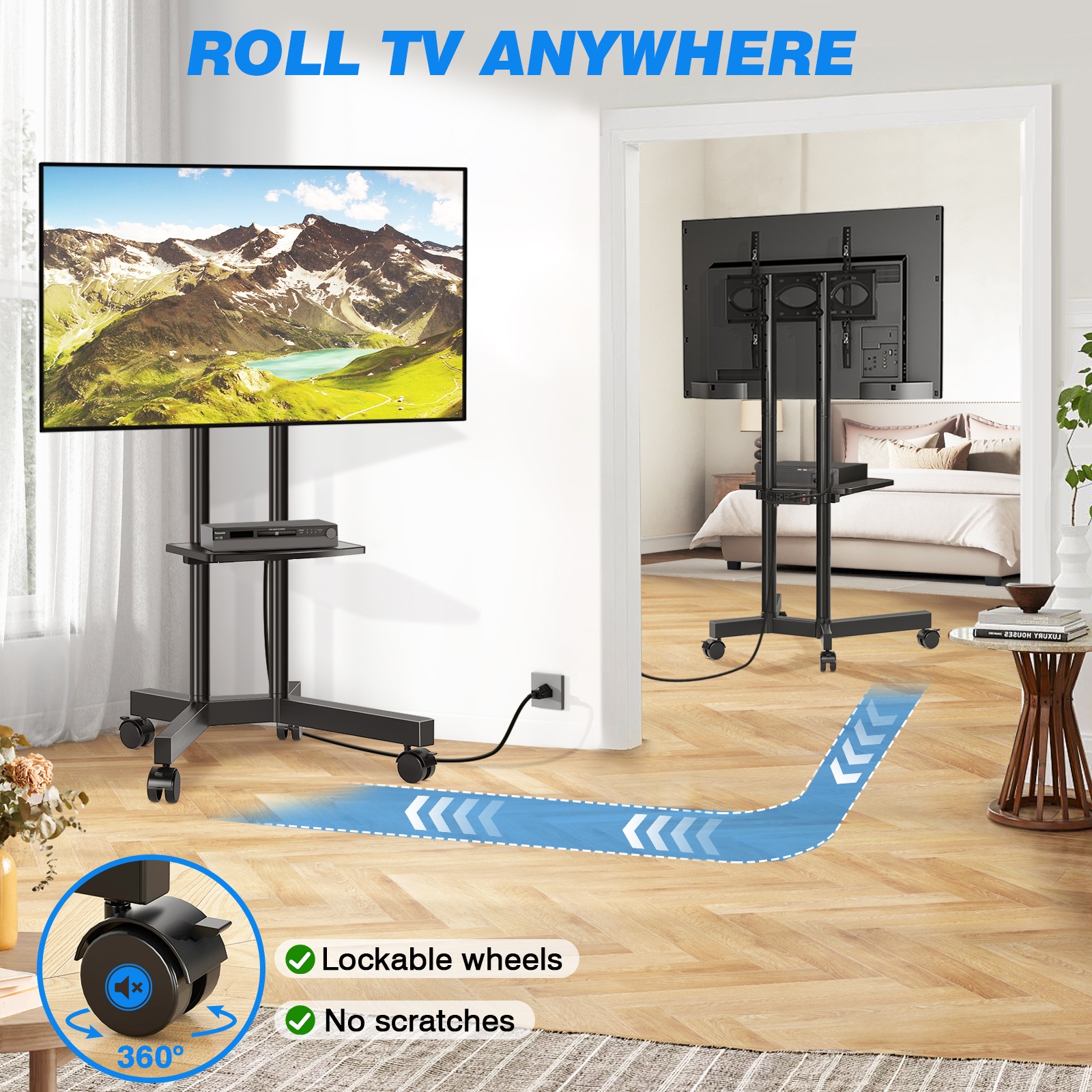 TAVR Furniture Rolling TV Stand with Wheels & Power Outlet for 32-70 inch TVs up to 88lbs, Height Adjustable for Outdoor, Home, Office