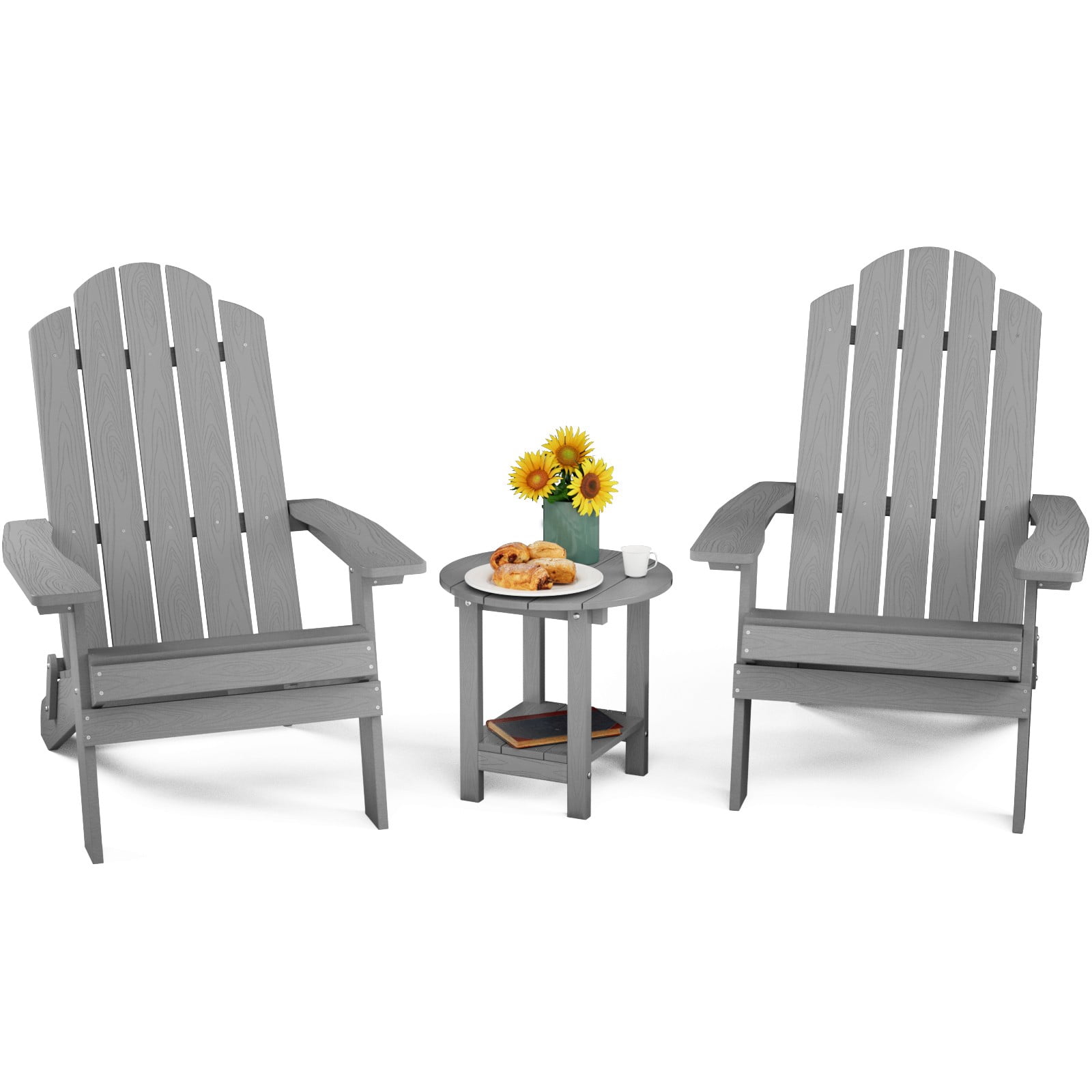 WINSOON Folding Adirondack Chair and Table Set 3 PCS Garden Outdoor Patio , Grey Finish