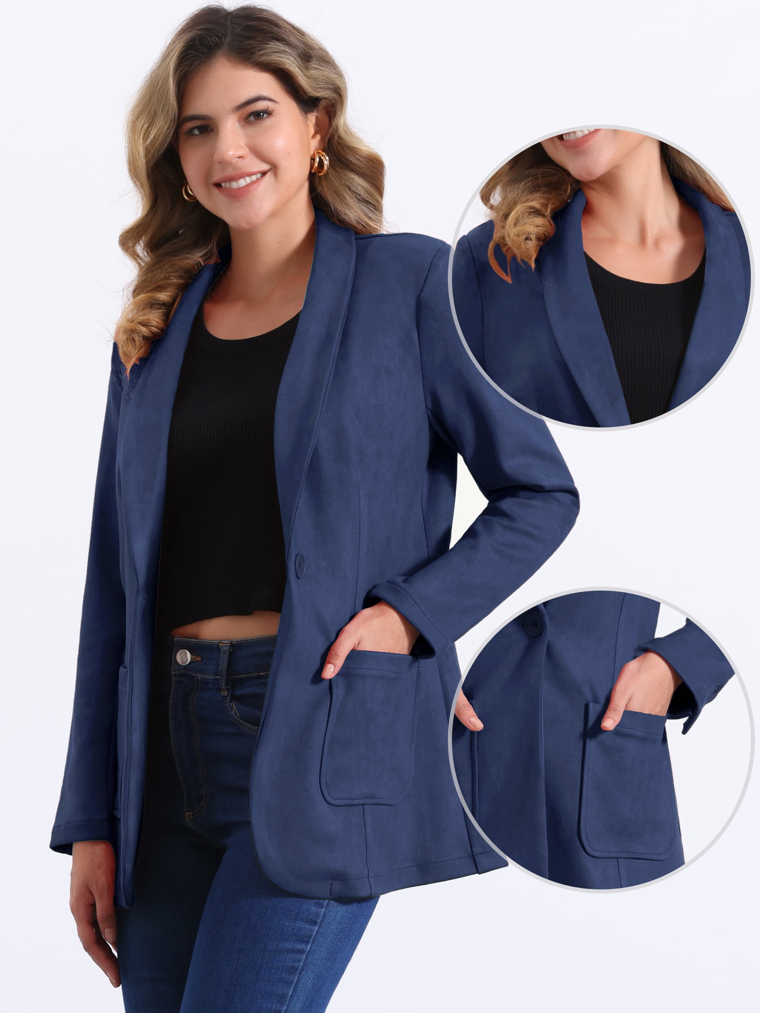 DARING DIVA Women's Faux Suede Lapel Collar One Button Dressy Suit Jacket M Navy Blue
