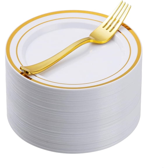 Goodluck 120PCS 7" Gold Dessert Plastic Plates with 7.4" Forks, Gold Appetizer Plates for 60 Guests, Including 60 Disposable Cake Plastic Plates and 60 Forks for Wedding/Birthday/Christmas Party