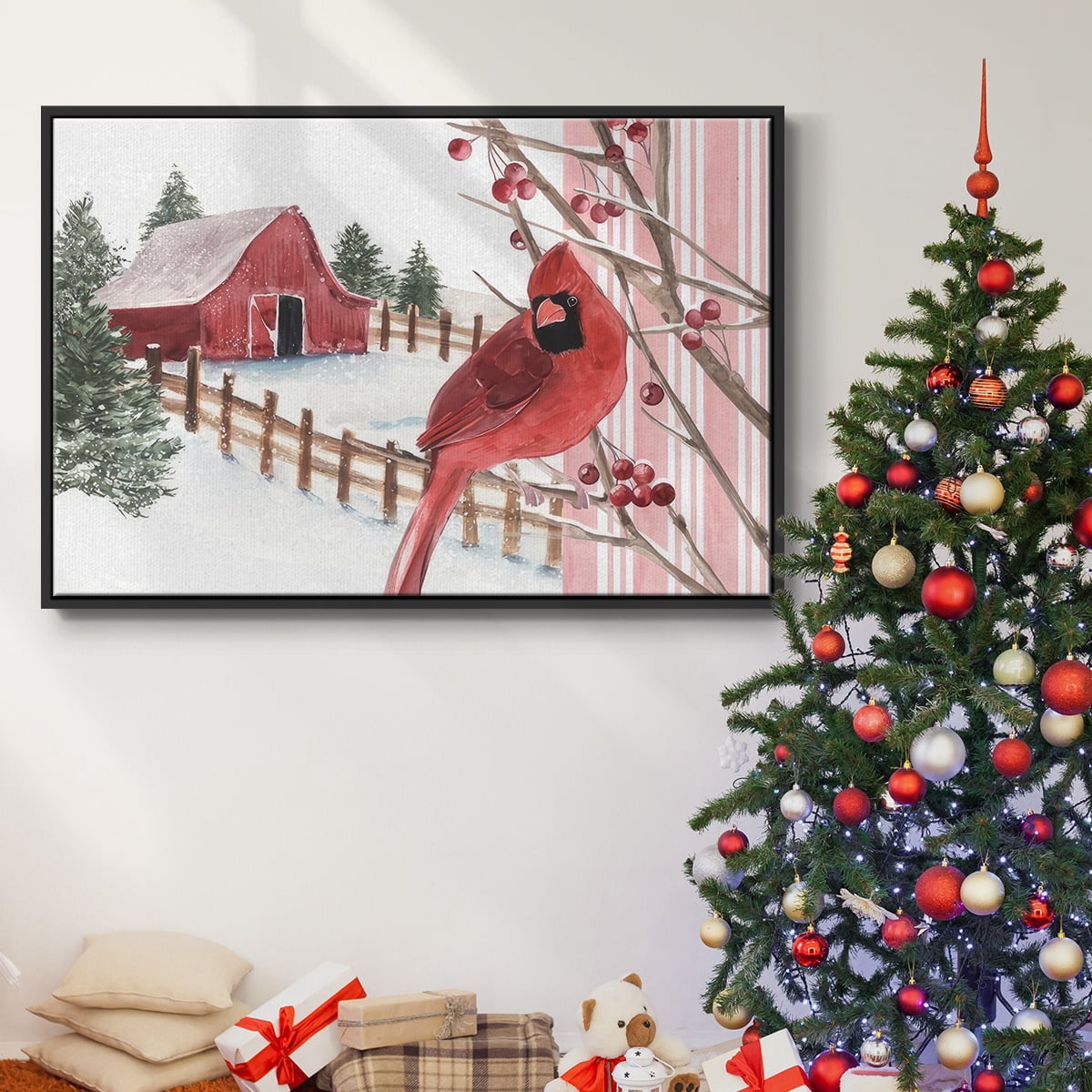 Winter Cardinal Collection A - Framed Gallery Wrapped Holiday Canvas - 27 x 41 - Black Frame