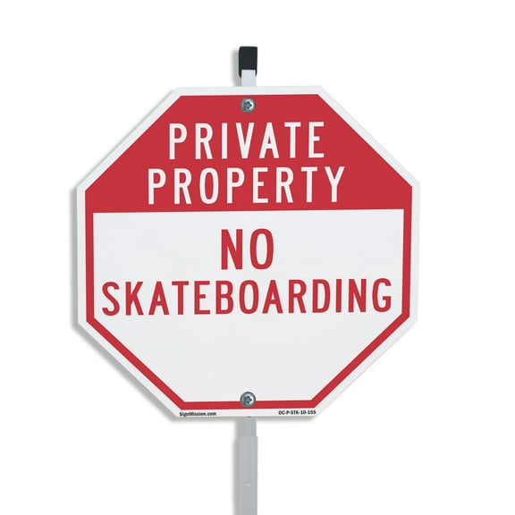 Private Property No Skateboarding 10 inch X 10 inch Octagon Plastic Sign with Aluminum Mounting Stake Weather Resistant UV Protected for Workplace Private Property and Construction Site