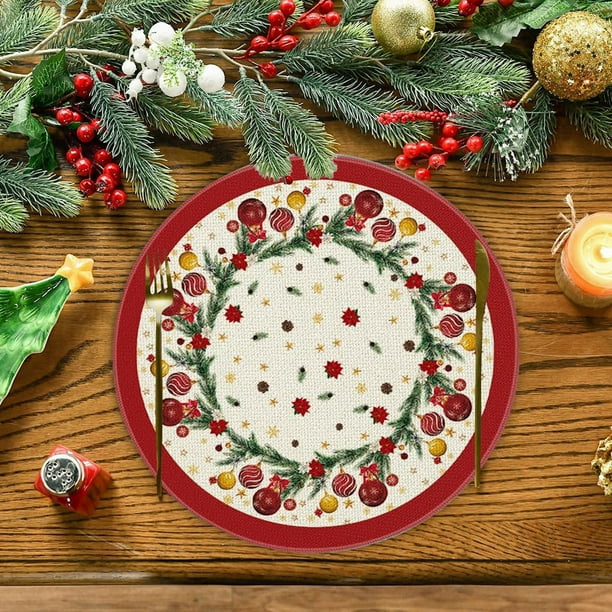 Mantel individual redondo de muñeco de nieve navideño | Decoración navideña | Mantel individual aislante y resistente al calor | Lino sintético | Redondo de 35,5 cm | Decoración para cenas navideñas