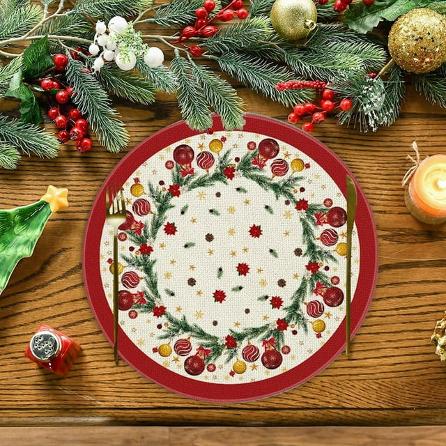 Christmas Snowman Round Placemats • Insulated Polyester Table Mats 14" Multicolor Holiday Kitchen Table Decoration • Sturdy Linen-Like Texture • Heat & Spill Resistant