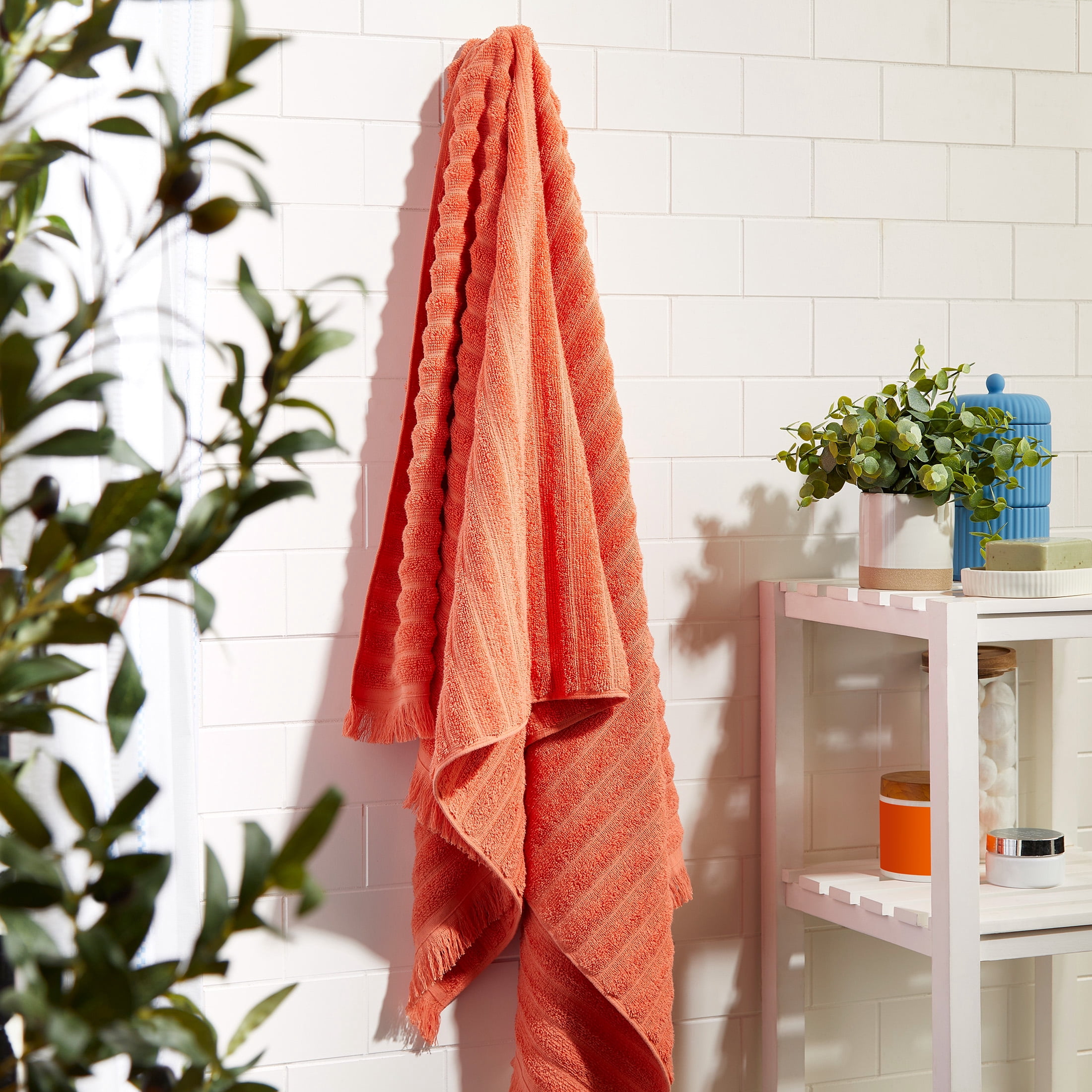 Mainstays by Becky G. & Alejandra 100% Cotton Performance Textured Bath Towel with Fringe, Mandarin Orange