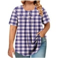 thumbnail image 2 of Hfnxid Womens Plus Size Tops Crewneck Pleated Short Sleeve Shirt Button Down Plaid Print Shirt Summer Casual Vacation ShirtsPurpleXL, 2 of 7
